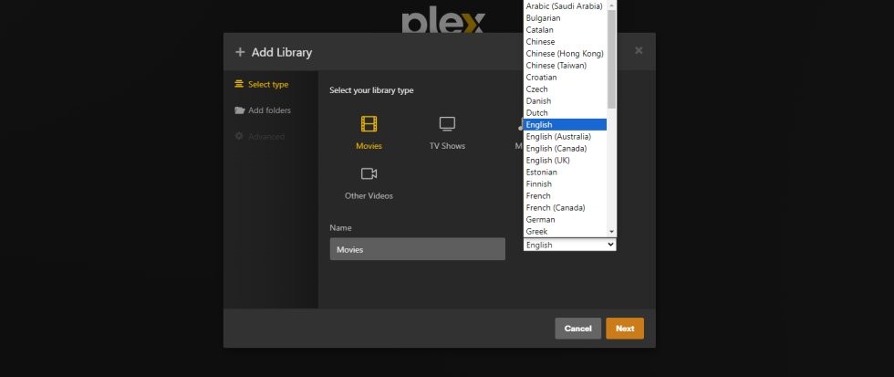 Plex adding library language